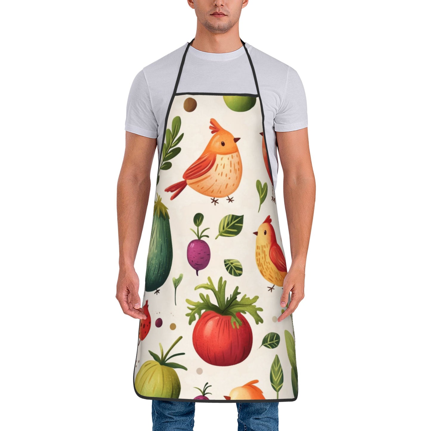 Cute Birds and Vegetables Apron – Waterproof Cooking Apron for Adults, Adjustable Kitchen Apron for Baking, BBQ & Cleaning