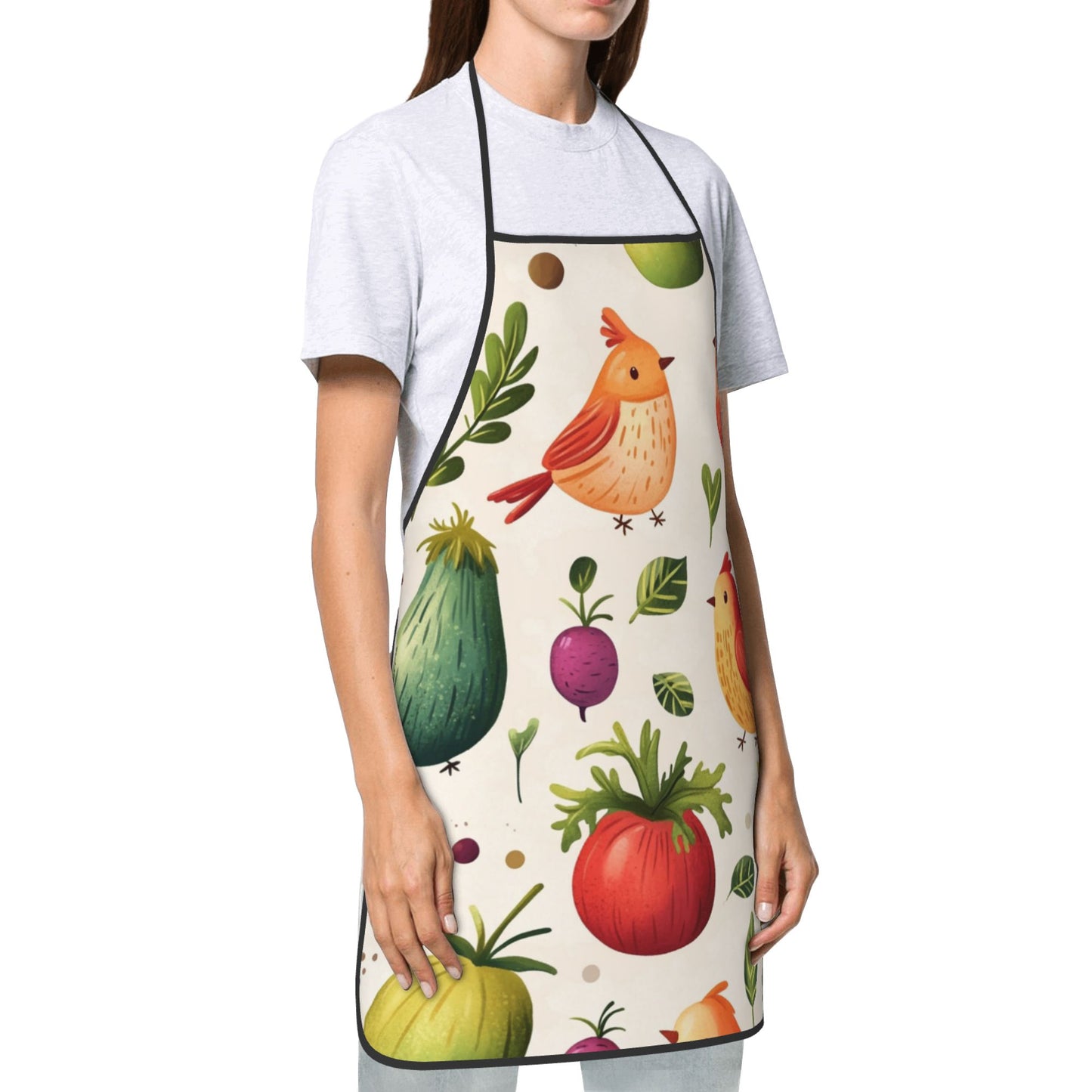 Cute Birds and Vegetables Apron – Waterproof Cooking Apron for Adults, Adjustable Kitchen Apron for Baking, BBQ & Cleaning