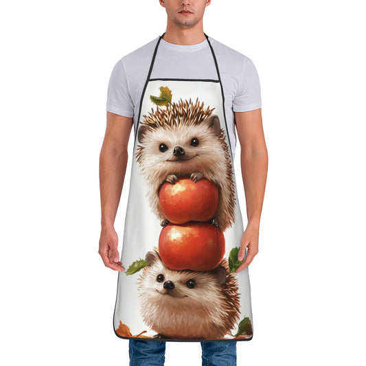 Cute Hedgehog & Apple Pattern Adjustable Apron – Waterproof Cooking Apron for Baking, Grilling, and Kitchen Use
