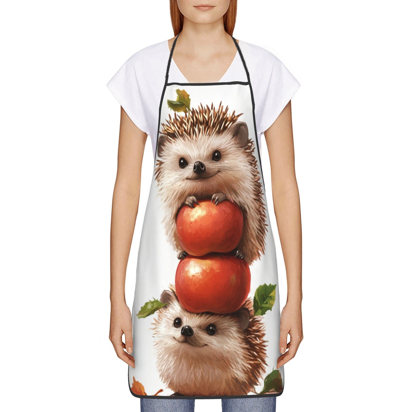 Cute Hedgehog & Apple Pattern Adjustable Apron – Waterproof Cooking Apron for Baking, Grilling, and Kitchen Use