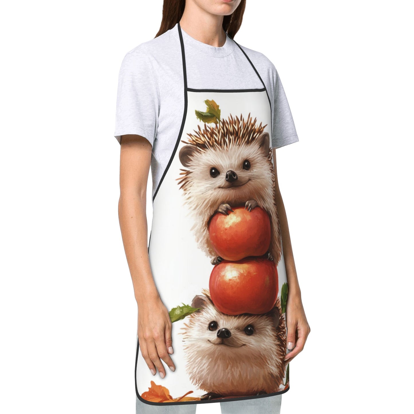 Cute Hedgehog & Apple Pattern Adjustable Apron – Waterproof Cooking Apron for Baking, Grilling, and Kitchen Use