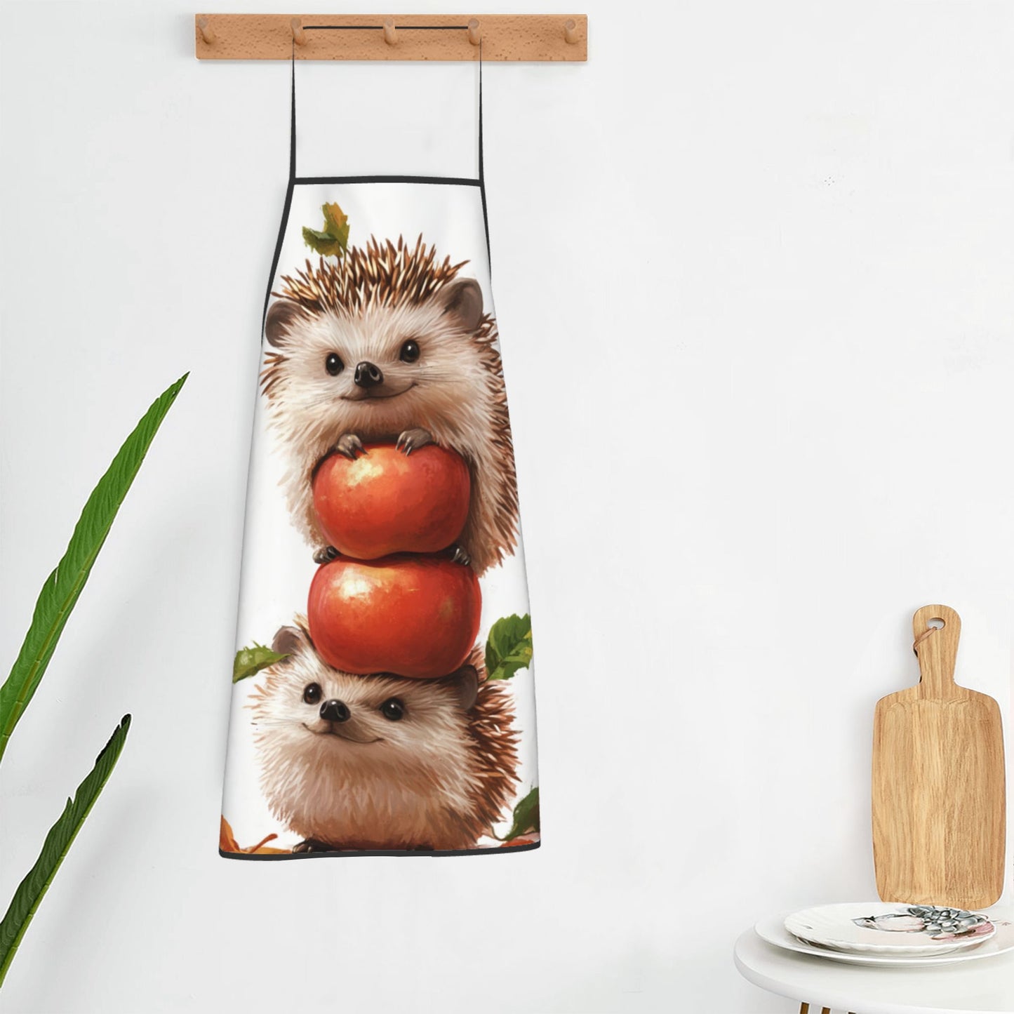 Cute Hedgehog & Apple Pattern Adjustable Apron – Waterproof Cooking Apron for Baking, Grilling, and Kitchen Use