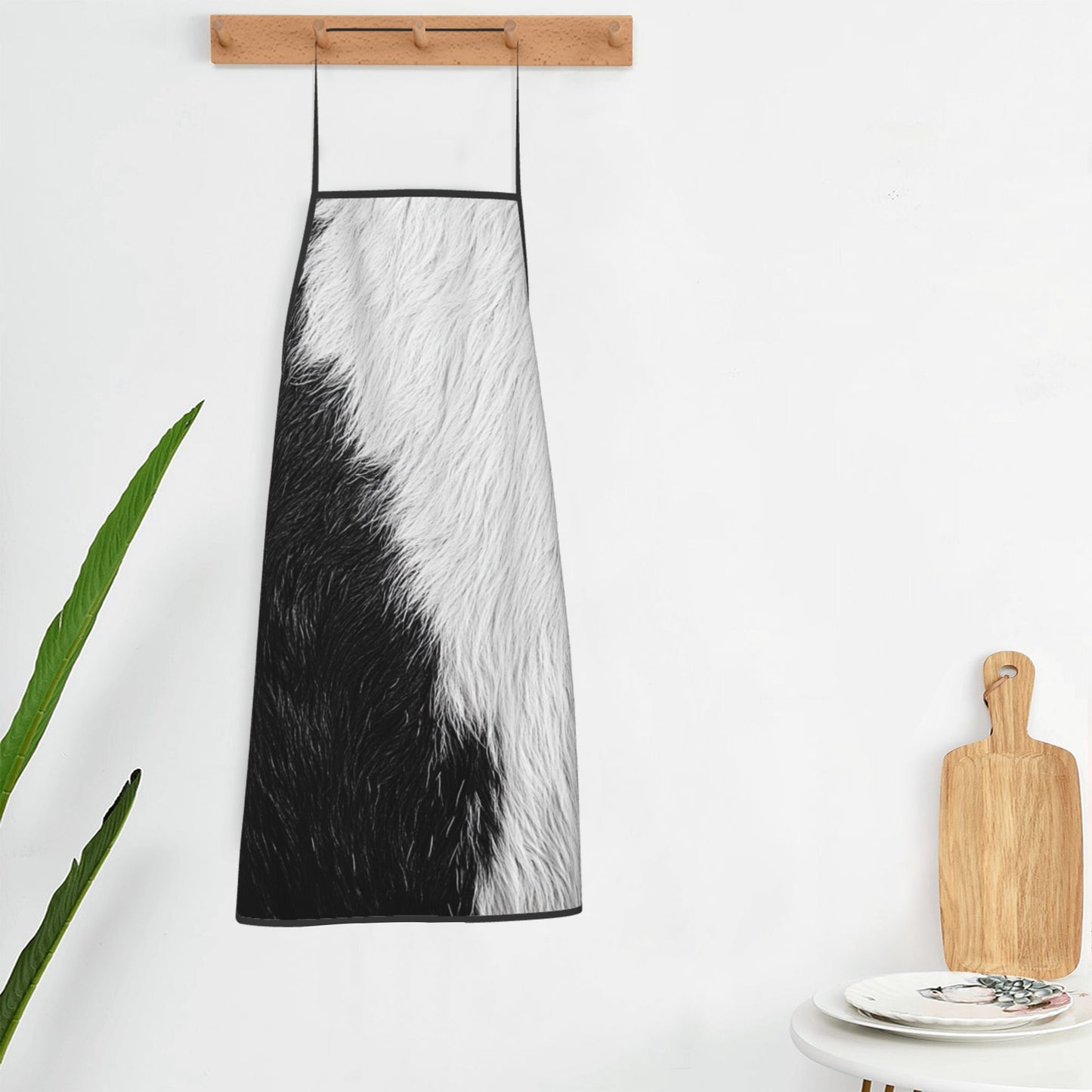 Animal Fur Texture Apron – Black & White Pattern Waterproof Cooking Apron, Unisex Adjustable Kitchen Bib